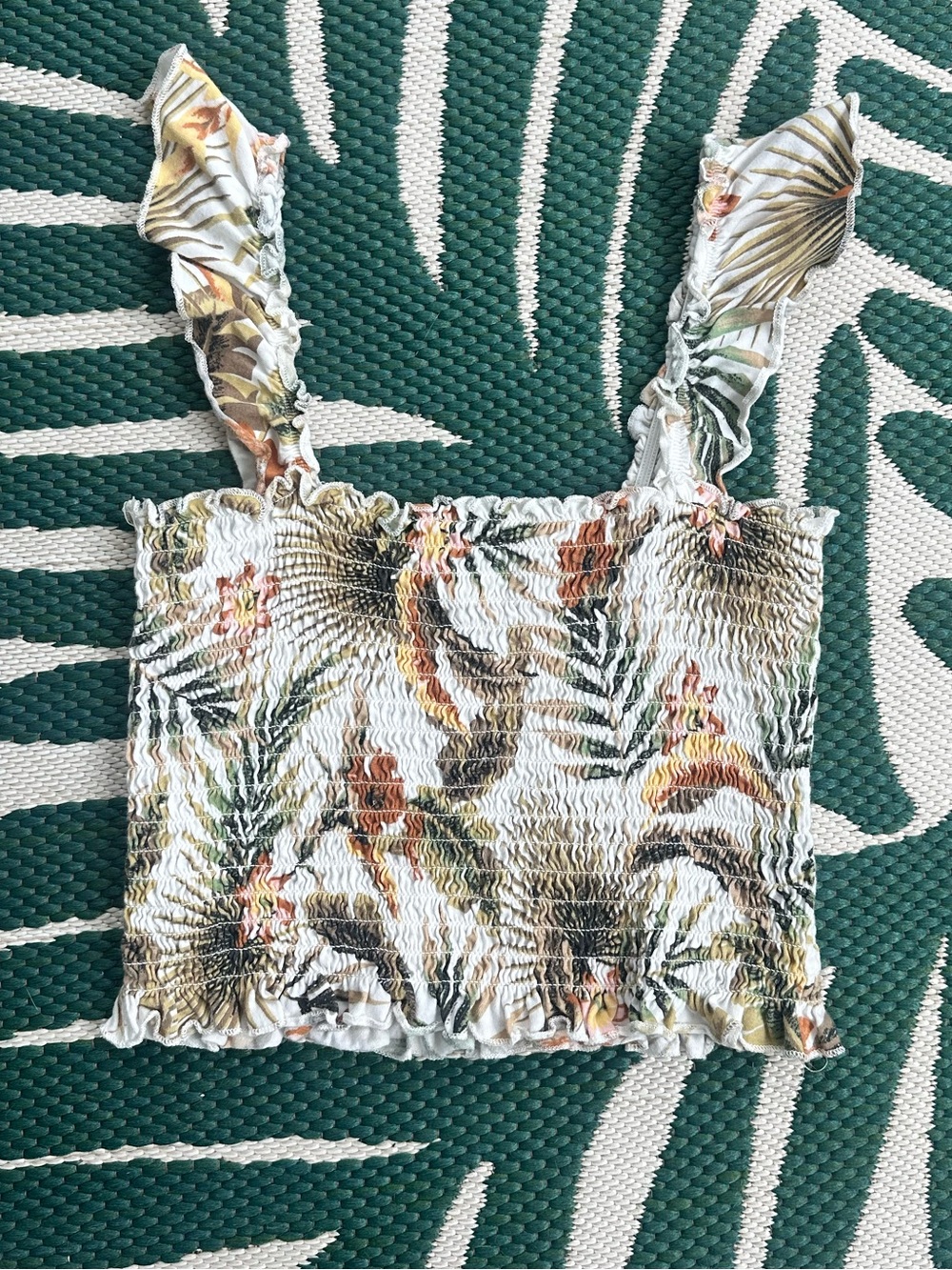 Billabong Tropical Print Crop Top with Ruffled Sleeves
